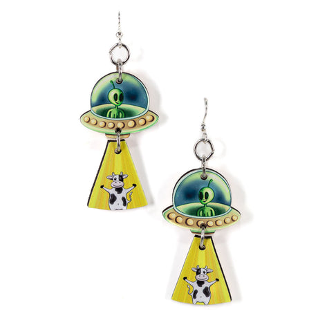 Alien Abducting Cow Earrings